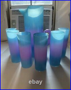 Rare Vintage WV Blendo Glass Cocktail Pitcher Set Blue Purple Bermuda Twist MCM