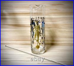 Rare Vintage /mcm Culver Mardi Gras Jester Desig Pitcher & Tall Glass Stir Rod