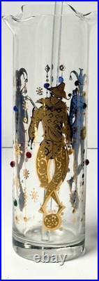 Rare Vintage /mcm Culver Mardi Gras Jester Desig Pitcher & Tall Glass Stir Rod