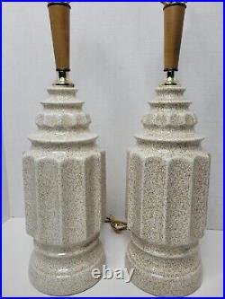 Rare Vtg 2 Mid Century Danish Modern Ceramic Teak Wood Table Lamps Splatter Boho