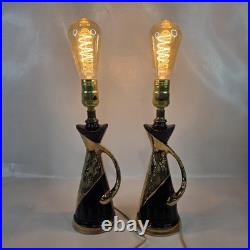 Rare Vtg Deena Weeping Gold Drip Pattern MCM Mid Century Modern Set of 2 Lamps