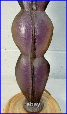 Rare vintage handmade MCM purple lucite and pottery base electric table lamp