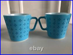Set 4 Vintage Pyrex Mug Foulard Pattern Turquoise Blue Atomic Star Burst RARE