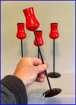 Set of 4 Rare Mid Century Danish Modern Laurids Lønborg Red Tulip Candlesticks