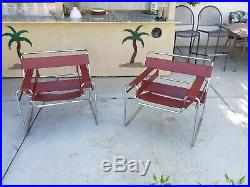 Set of Two Rare Wassily Coral Red Leather Chrome Club Side Chairs Modern Italian