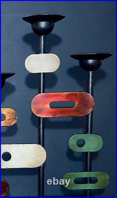 Striking MCM Black Metal Candle Stand Rare 1960s Abstract Cubist Color Sculpture