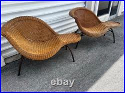 Two Vintage Rattan Wicker Chaise Lounge Mid Century Modern Chairs RARE