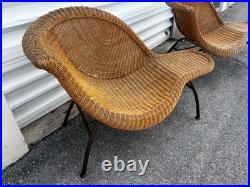 Two Vintage Rattan Wicker Chaise Lounge Mid Century Modern Chairs RARE