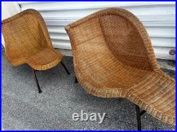 Two Vintage Rattan Wicker Chaise Lounge Mid Century Modern Chairs RARE