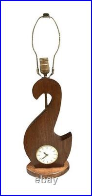 VERY RARE 1960's MCM Sculpted Teak Swan'Table Lamp Clock 24 Tall