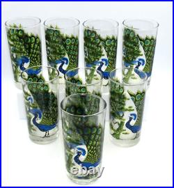 VINTAGE MID-CENTURY MODERN PEACOCK & TREE GLASS TUMBLERS (SET OF 8) Rare Find