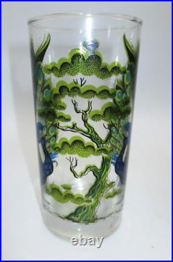 VINTAGE MID-CENTURY MODERN PEACOCK & TREE GLASS TUMBLERS (SET OF 8) Rare Find