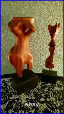 VTG Mid-Century Modern Carved Wood Art Set 2 Figures On Wood base Very RARE