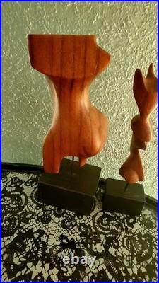 VTG Mid-Century Modern Carved Wood Art Set 2 Figures On Wood base Very RARE