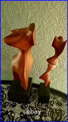 VTG Mid-Century Modern Carved Wood Art Set 2 Figures On Wood base Very RARE