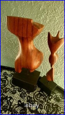 VTG Mid-Century Modern Carved Wood Art Set 2 Figures On Wood base Very RARE