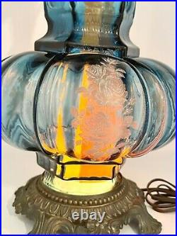 VTG Rare Mid Century Modern Blue Glass Table Lamp w-Etched Roses and Night Light