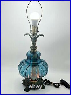 VTG Rare Mid Century Modern Blue Glass Table Lamp w-Etched Roses and Night Light