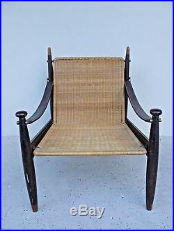 Very Rare MID Century Modern Woven Reed, Rosewood And Leather Arm Chair
