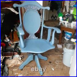 Vintage 1988 Mid-Century High-Back Executive Office Chair Swivel Oak Blue Rare