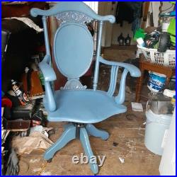 Vintage 1988 Mid-Century High-Back Executive Office Chair Swivel Oak Blue Rare