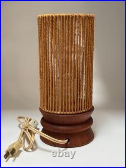 Vintage 50s 60s MCM Swiss Teak Table Lamp With Paper Cord Shade Temde Rare READ
