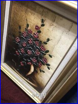 Vintage 70s Oil Painting Burnt Roses Mid Century Modern Art Signed Rare
