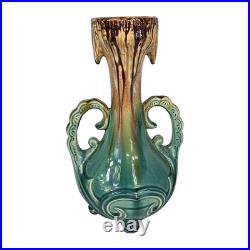 Vintage Art Deco Pottery MCM Double Handle Blue Drip Mid Century Vase Urn 13