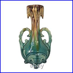 Vintage Art Deco Pottery MCM Double Handle Blue Drip Mid Century Vase Urn 13