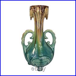 Vintage Art Deco Pottery MCM Double Handle Blue Drip Mid Century Vase Urn 13