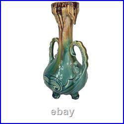 Vintage Art Deco Pottery MCM Double Handle Blue Drip Mid Century Vase Urn 13