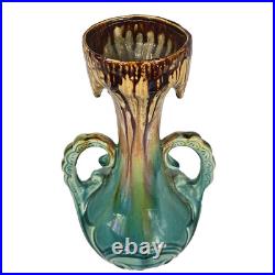 Vintage Art Deco Pottery MCM Double Handle Blue Drip Mid Century Vase Urn 13