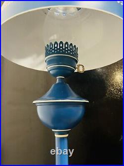 Vintage Blue w White Trim Floor Lamp Tole Shade with Tray Table Metal Rare