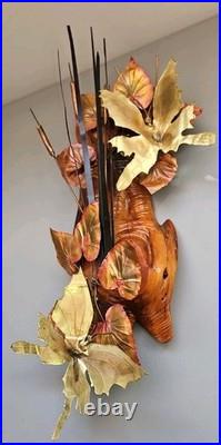 Vintage Brutalist Wall Art Mid Century Modern Metal Burl wood Rare Set