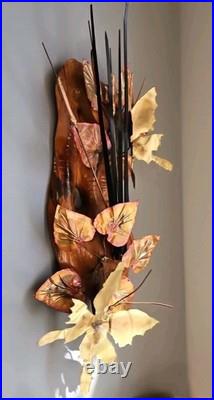 Vintage Brutalist Wall Art Mid Century Modern Metal Burl wood Rare Set