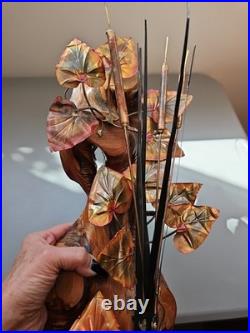 Vintage Brutalist Wall Art Mid Century Modern Metal Burl wood Rare Set