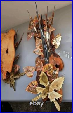 Vintage Brutalist Wall Art Mid Century Modern Metal Burl wood Rare Set