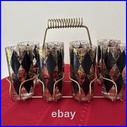Vintage Federal Glass Rare MCM Harlequin Black And Gold Set Of 8 with carrier