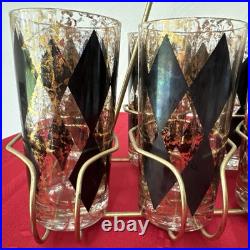 Vintage Federal Glass Rare MCM Harlequin Black And Gold Set Of 8 with carrier