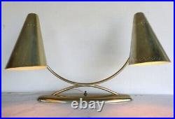 Vintage LAUREL Mid Century Modern Brass Metal Table Dual Lamp Cone Shade RARE