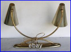 Vintage LAUREL Mid Century Modern Brass Metal Table Dual Lamp Cone Shade RARE