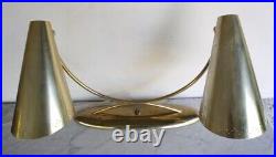 Vintage LAUREL Mid Century Modern Brass Metal Table Dual Lamp Cone Shade RARE