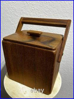 Vintage MCM 7 Sowe Konst RARE Wooden Ice Bucket withHandle, Square, Glass Liner