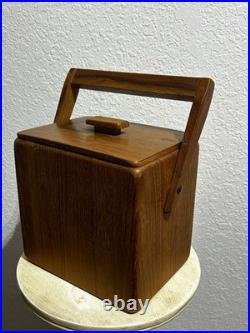 Vintage MCM 7 Sowe Konst RARE Wooden Ice Bucket withHandle, Square, Glass Liner