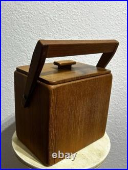 Vintage MCM 7 Sowe Konst RARE Wooden Ice Bucket withHandle, Square, Glass Liner