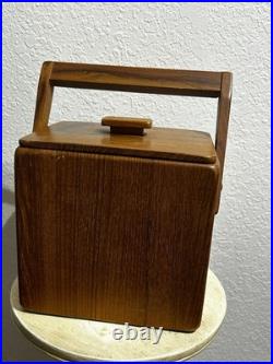 Vintage MCM 7 Sowe Konst RARE Wooden Ice Bucket withHandle, Square, Glass Liner