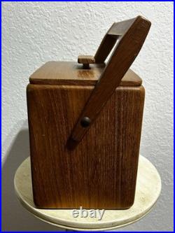 Vintage MCM 7 Sowe Konst RARE Wooden Ice Bucket withHandle, Square, Glass Liner