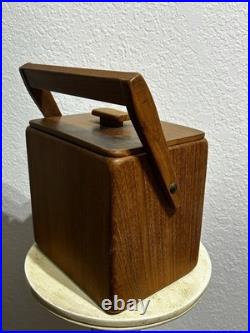Vintage MCM 7 Sowe Konst RARE Wooden Ice Bucket withHandle, Square, Glass Liner