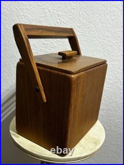 Vintage MCM 7 Sowe Konst RARE Wooden Ice Bucket withHandle, Square, Glass Liner