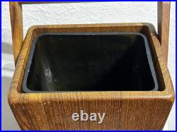 Vintage MCM 7 Sowe Konst RARE Wooden Ice Bucket withHandle, Square, Glass Liner